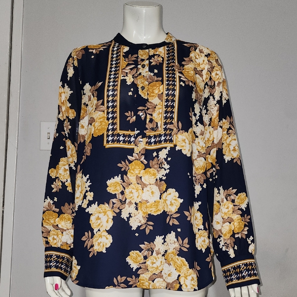Charter Club Navy and‎ Yellow Floral Blouse
